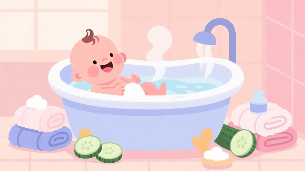 A cute, cozy illustration of a baby spa scene with soft pastel colors, showing a happy baby in a bathtub surrounded by fluffy towels, cucumber slices, and gentle steam, in a flat design style high quality illustration, detailed, 16:9