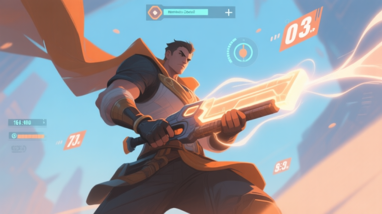 自动生成图片: A dynamic, stylized illustration of a video game character in a heroic pose, viewed from a low angle. The character holds a glowing weapon, with subtle energy trails and strategic UI elements like a minimal cooldown timer and damage numbers floating in the background, using a soft color palette of blues and oranges high quality illustration, detailed, 16:9