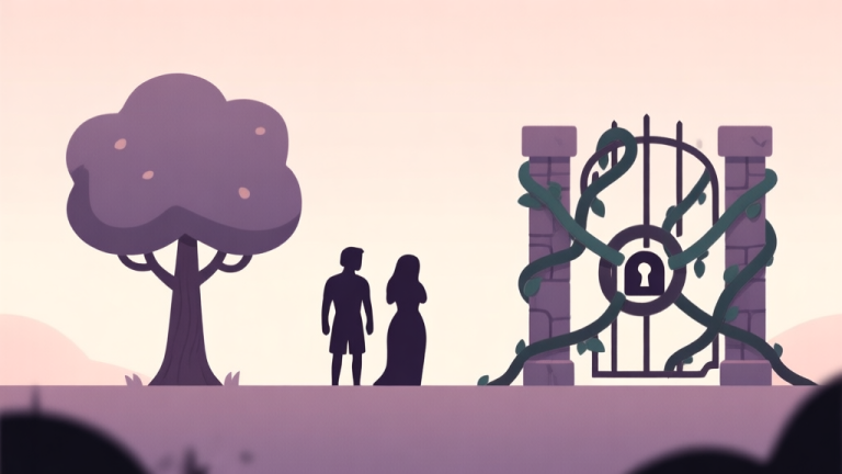 自动生成图片: A minimalist, soft-colored game scene showing a stylized tree and two simple character silhouettes (Adam and Eve) on one side, and a tangled knot of vines or a locked gate on the other, representing a puzzle obstacle high quality illustration, detailed, 16:9