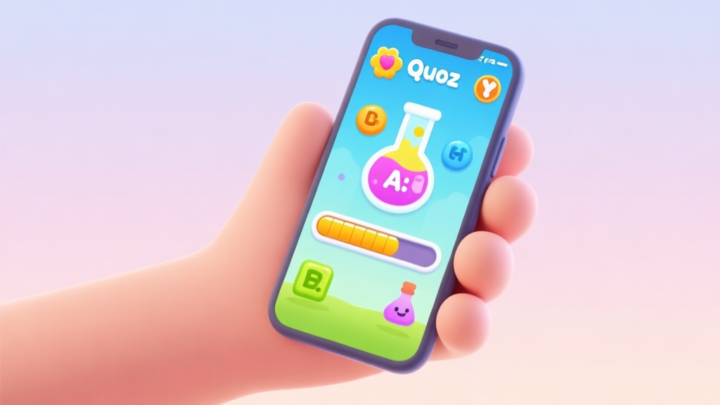 A hand holding a smartphone showing a colorful chemistry quiz game interface, with playful icons of elements and a progress bar, soft pastel background high quality illustration, detailed, 16:9