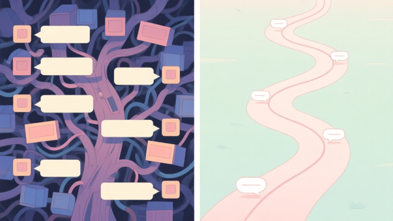 自动生成图片: A split-screen illustration showing on one side a messy, confusing game dialogue tree with overlapping boxes, and on the other side a clean, flowing conversation path with gentle connecting lines, in a soft pastel color palette high quality illustration, detailed, 16:9