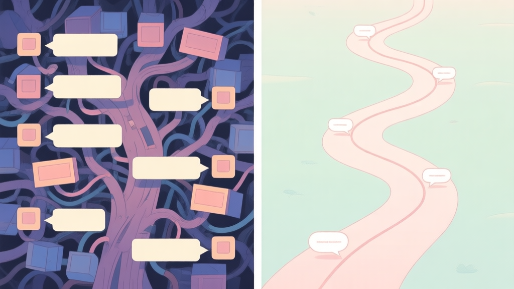 A split-screen illustration showing on one side a messy, confusing game dialogue tree with overlapping boxes, and on the other side a clean, flowing conversation path with gentle connecting lines, in a soft pastel color palette high quality illustration, detailed, 16:9