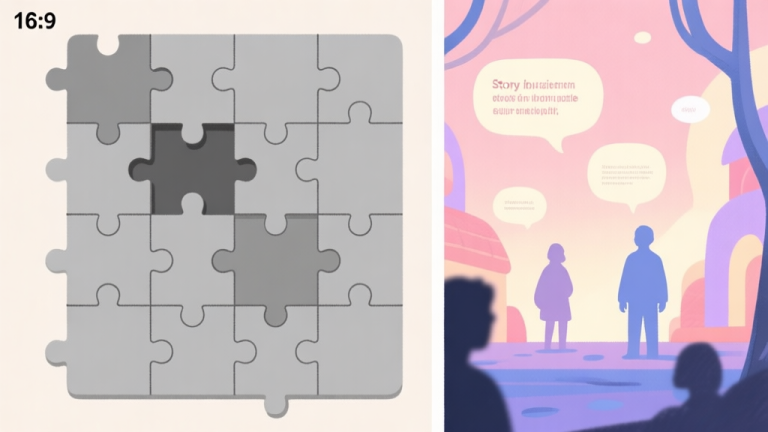 自动生成图片: A split-screen illustration showing a dull, gray puzzle grid on the left and a vibrant, story-driven puzzle scene on the right with subtle text bubbles and character silhouettes, using a soft pastel color palette high quality illustration, detailed, 16:9