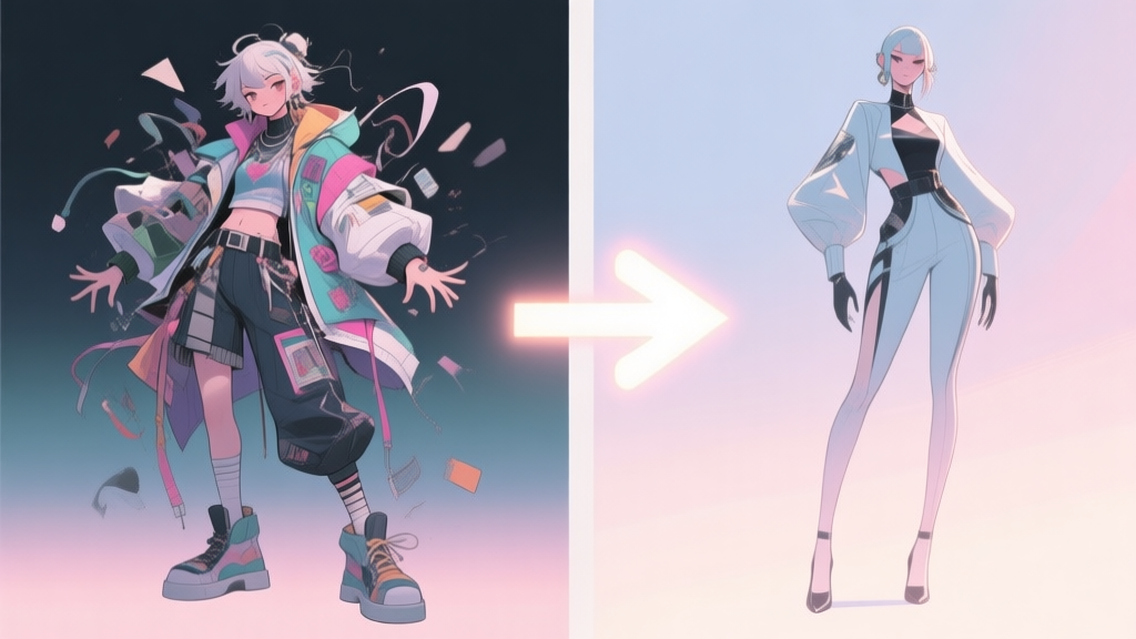 A split-screen illustration showing a chaotic, mismatched character outfit on the left and a sleek, cohesive, and stylish character design on the right, with a glowing arrow transitioning between them, soft pastel color palette high quality illustration, detailed, 16:9