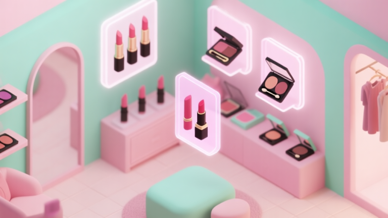 自动生成图片: A cozy, isometric view of a virtual boutique interior with floating holographic displays showing lipstick tubes and eyeshadow palettes, soft pastel pink and mint green color scheme, digital art style high quality illustration, detailed, 16:9