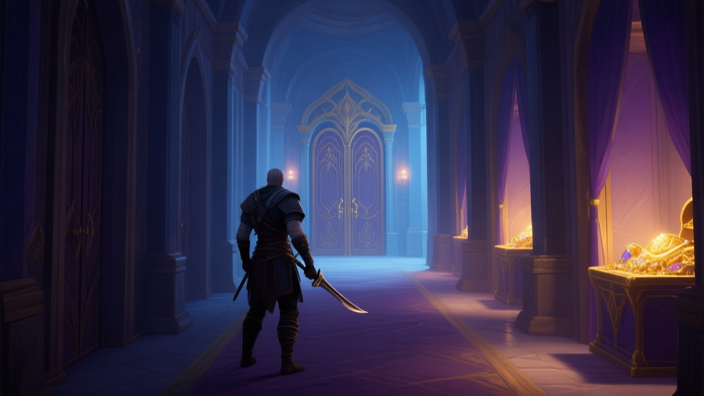 A dimly lit, grand palace corridor in a fantasy video game, viewed from a third-person perspective. A lone warrior figure stands cautiously, their weapon drawn, facing away from the viewer towards ornate doors at the end of the hall. Soft glows of treasure can be seen from side rooms. Moody lighting, soft color palette of blues, purples, and gold. high quality illustration, detailed, 16:9