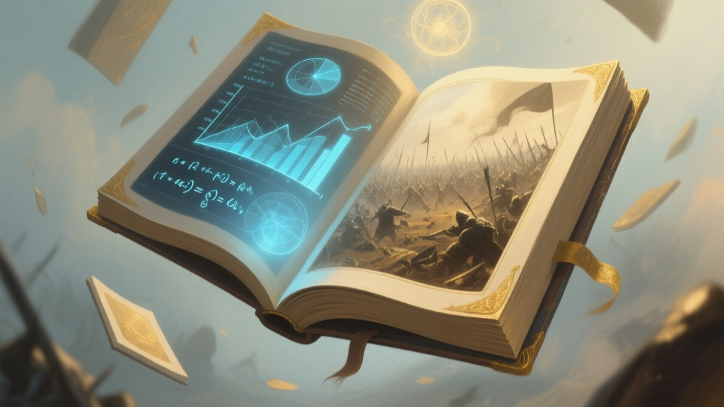 A surreal, painterly illustration of a magical spellbook with pages floating in the air, one page shows abstract data charts and formulas glowing with soft blue light, while another page depicts a chaotic battlefield, all in a muted, dreamlike color palette with hints of gold high quality illustration, detailed, 16:9