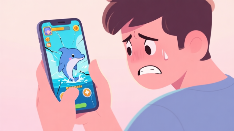 自动生成图片: A frustrated player looking at a mobile phone with a crashed game screen showing a dolphin character, in a soft pastel color palette, cartoon style high quality illustration, detailed, 16:9