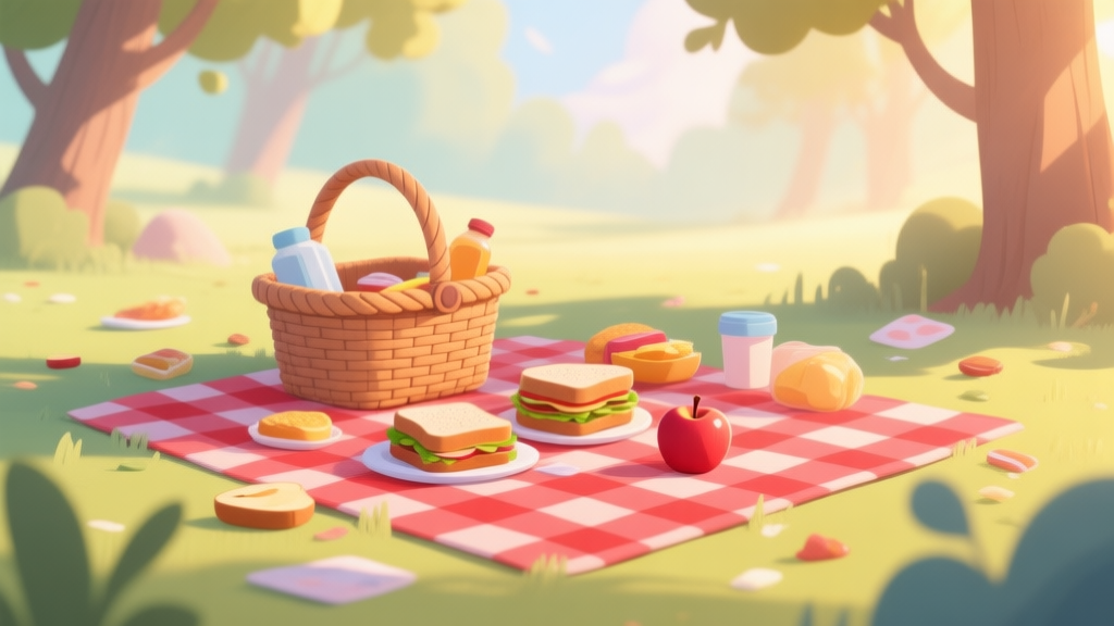 A cheerful, messy picnic scene in a cartoon style, with a wicker basket, a red checkered blanket, and various food items like a sandwich and an apple scattered around, soft pastel colors, warm sunlight filtering through trees high quality illustration, detailed, 16:9