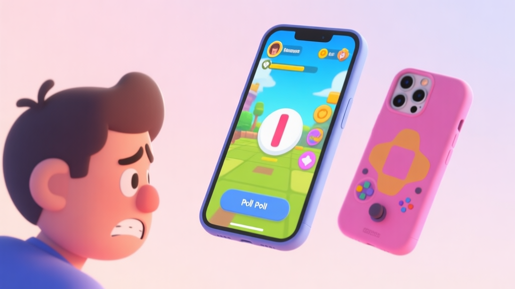 A frustrated gamer looking at a colorful in-game poll interface on a mobile screen, with two contrasting phone case designs floating, soft pastel background high quality illustration, detailed, 16:9