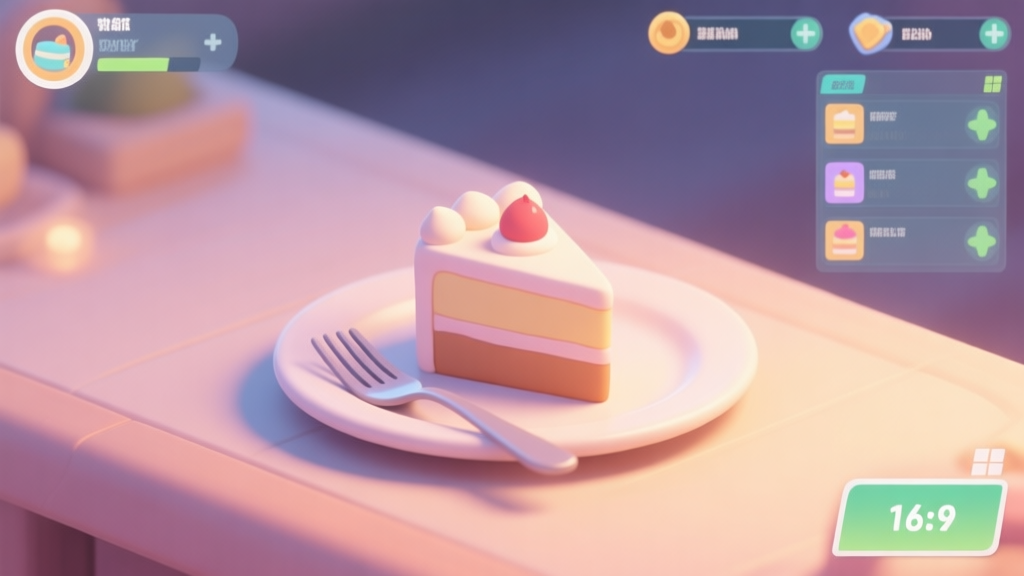 A cozy, inviting scene of a virtual cake on a plate with a fork beside it, sitting on a game UI dashboard. Soft pastel colors, warm lighting, minimalist game aesthetic high quality illustration, detailed, 16:9