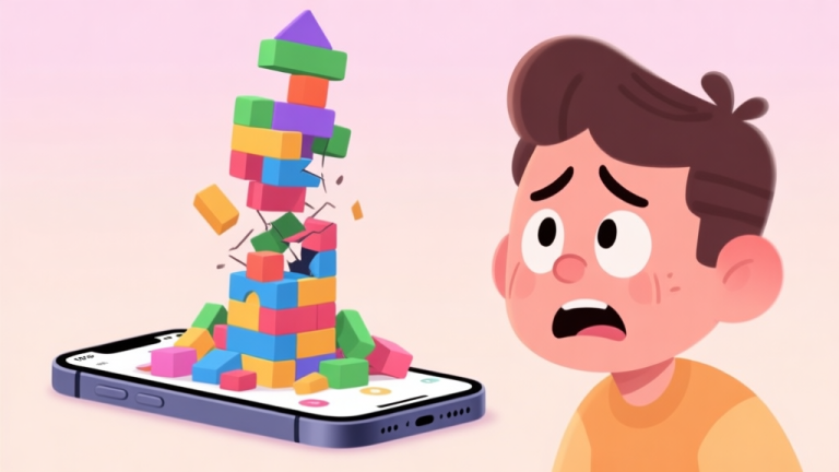 自动生成图片: A frustrated player looking at a collapsed tower of colorful blocks on a mobile screen, soft pastel background, cartoonish style with expressive emotions high quality illustration, detailed, 16:9