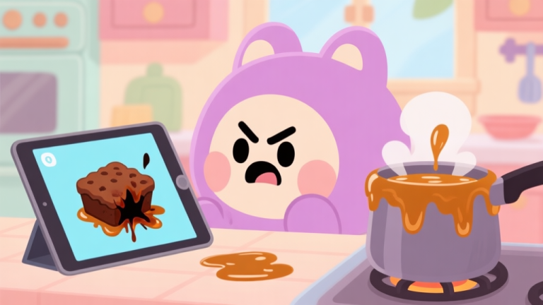 自动生成图片: A frustrated game character in a cute kitchen, looking at a failed, burnt brownie on a tablet screen, with a caramel sauce pot bubbling ominously beside it, soft pastel colors, cartoon style high quality illustration, detailed, 16:9