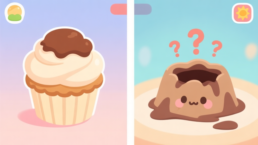 A split-screen illustration showing a perfect fluffy Tiramisu Cupcake next to a dense, sunken one in a cute cooking game art style, with subtle question marks above the failed one, soft pastel color palette high quality illustration, detailed, 16:9