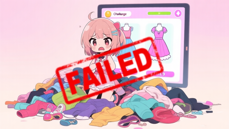 自动生成图片: A frustrated but cute anime-style character surrounded by a messy pile of colorful clothes and accessories, with a giant red "FAILED" stamp over a game screen showing a dress-up challenge, soft pastel background high quality illustration, detailed, 16:9