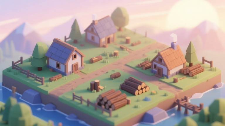 自动生成图片: A serene, isometric view of a small starting village in a strategy game at dawn, with a few houses, a farm, and a lumber camp, soft morning light, pastel color palette, peaceful and hopeful atmosphere high quality illustration, detailed, 16:9