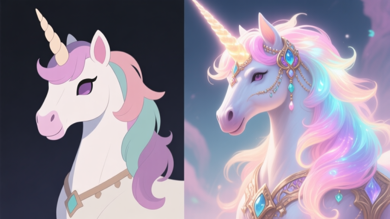 自动生成图片: Side-by-side comparison of a generic, poorly customized unicorn character with dull colors next to a vibrant, majestic unicorn with glowing mane and intricate accessories, fantasy game art style, soft pastel color palette high quality illustration, detailed, 16:9