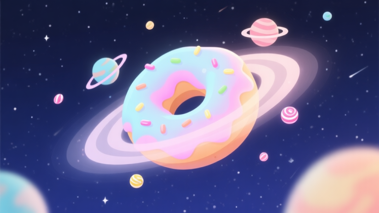 自动生成图片: A whimsical, isometric view of a pastel-colored donut-shaped galaxy floating in a starry sky, with tiny candy-like planets orbiting it, soft lighting, digital painting style high quality illustration, detailed, 16:9