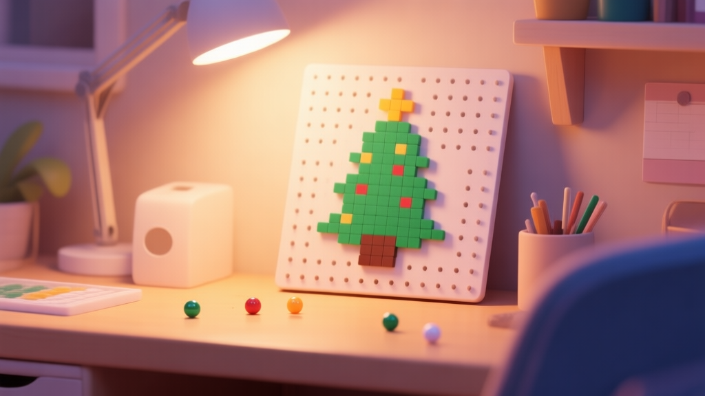 A cozy, softly lit workspace with a beginner's Perler bead kit, showing a simple Christmas tree pattern on a pegboard, a few beads scattered around, warm and inviting color palette high quality illustration, detailed, 16:9