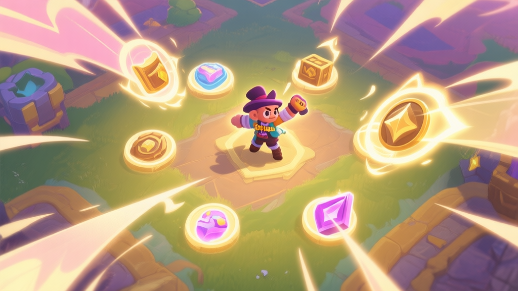 A stylized, top-down view of a vibrant game battlefield, with a central character (Shopaholic Rio) surrounded by glowing item icons and skill effects, soft pastel and gold color scheme, dynamic action lines high quality illustration, detailed, 16:9