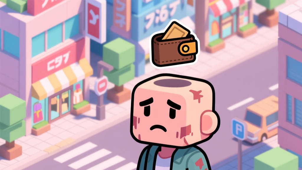 A stylized, slightly distressed game character from an isometric city-builder game, looking confused in front of a vibrant Tokyo-inspired shopping street, with a nearly empty wallet icon floating above their head, soft pastel color palette high quality illustration, detailed, 16:9