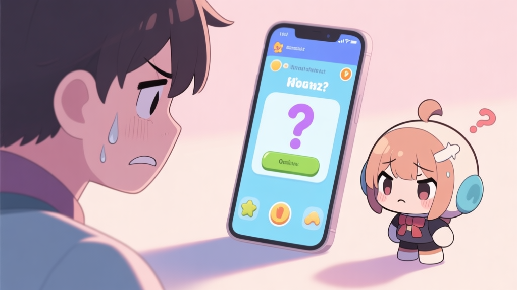 A frustrated player looking at a mobile screen showing a difficult quiz question, with a cute anime-style game character looking puzzled beside them, soft pastel color palette, light shadows high quality illustration, detailed, 16:9