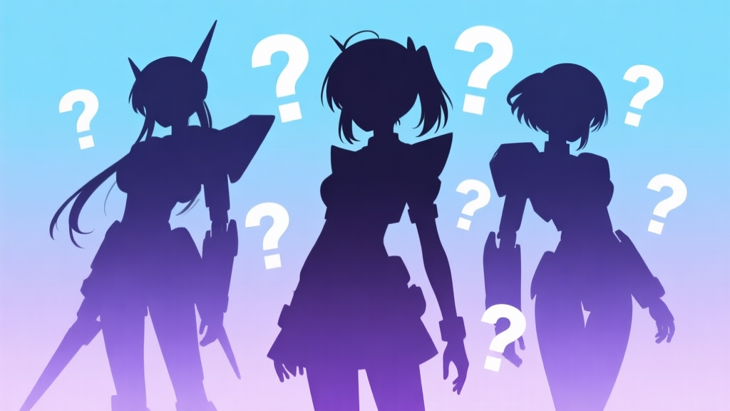 A collage of stylized, iconic anime mecha girl silhouettes against a gradient background of soft blues and purples, with quiz-style question marks floating around them, flat illustration style high quality illustration, detailed, 16:9
