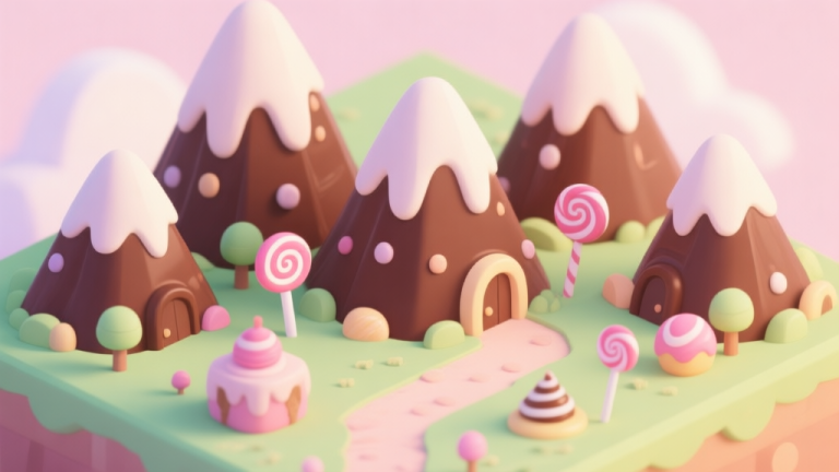 自动生成图片: A cozy, inviting illustration of a whimsical candy land with five chocolate mountains in the background, soft pastel color palette, isometric view, digital painting style high quality illustration, detailed, 16:9