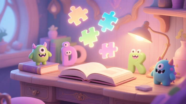自动生成图片: A cozy, inviting digital illustration of a fantasy desk with open books, glowing puzzle pieces floating above, and cute monster figurines made of letters, in a soft pastel color palette with warm lighting high quality illustration, detailed, 16:9