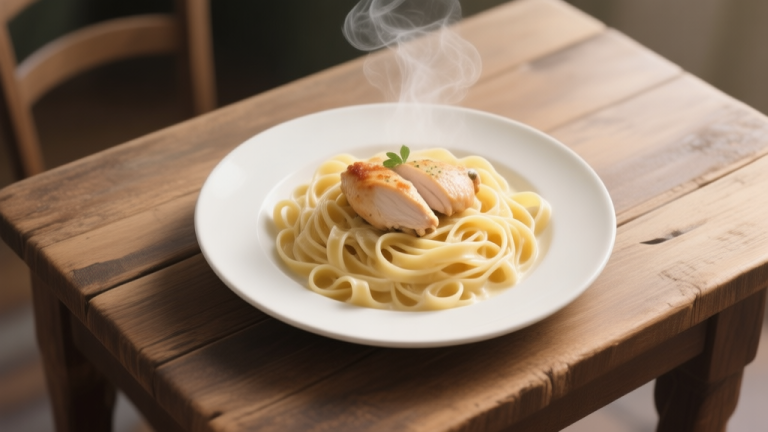 自动生成图片: A top-down view of a rustic wooden table with a perfect plate of creamy chicken fettuccine, steam rising gently, soft natural lighting, appetizing food photography style high quality illustration, detailed, 16:9