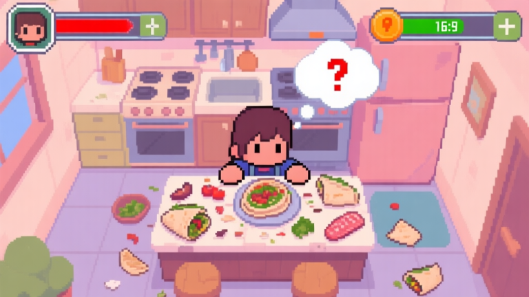 自动生成图片: A top-down view of a cozy pixel-art kitchen in a mobile game, showing a character stuck in front of a messy counter with gyros ingredients scattered, a timer running low in red, and a thought bubble with a question mark, soft pastel colors high quality illustration, detailed, 16:9