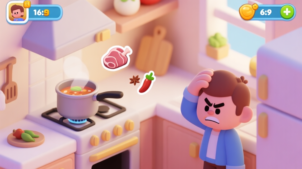 A cozy, stylized isometric kitchen from a casual mobile game, with a pot simmering on a stove, ingredient icons like mutton and spices floating nearby, and a frustrated cartoon character scratching their head. Soft pastel color palette. high quality illustration, detailed, 16:9