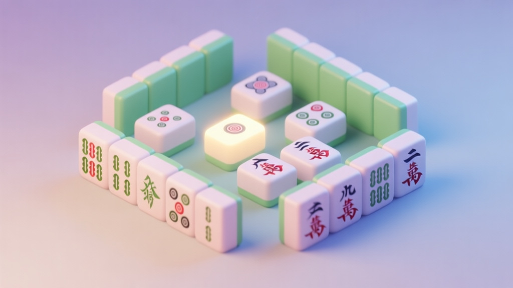 A clean, isometric 3D rendering of a Mahjong tile solitaire puzzle in soft pastel colors, with some matching tiles highlighted by a gentle glow, set against a calm gradient background high quality illustration, detailed, 16:9