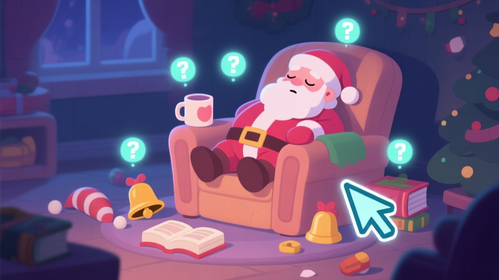 A cozy, dimly lit game scene showing a sleeping Santa in an armchair, surrounded by scattered holiday items like a mug, bells, and a book. A player's cursor hovers over different objects, with a faint '?' icon above each, in a soft pastel game art style. high quality illustration, detailed, 16:9