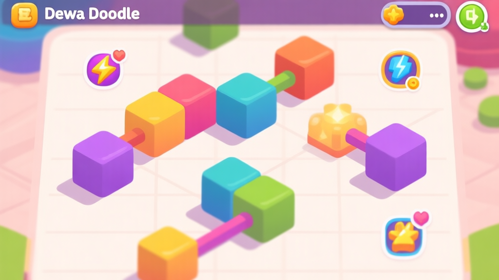 A vibrant, inviting mobile game screenshot of Dewa Doodle, showing colorful connected blocks on a clean grid, with a few special power-up icons visible, in a flat illustration style with soft shadows high quality illustration, detailed, 16:9