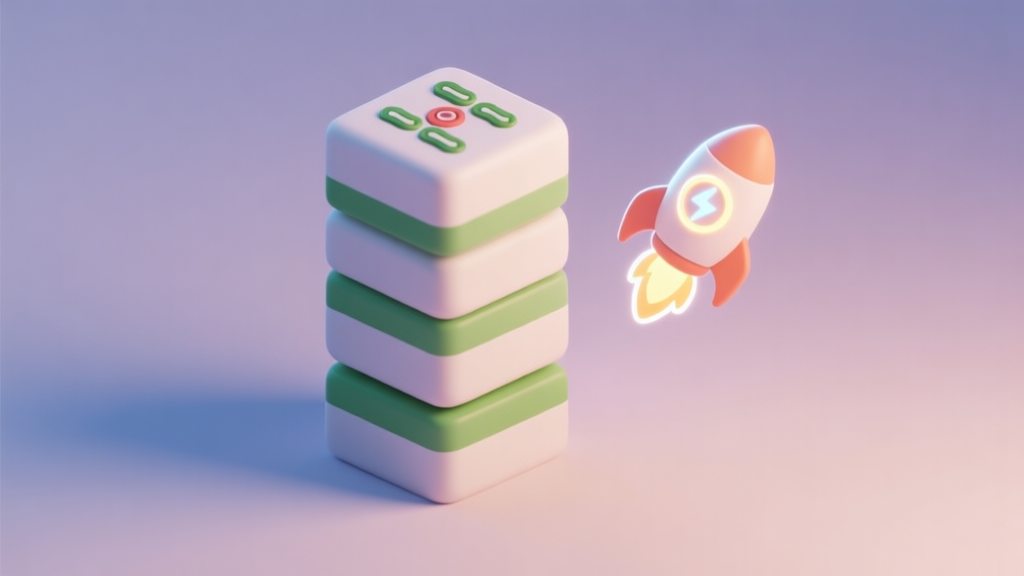 A minimalist, isometric 3D illustration of a Mahjong tile tower, with a glowing power-up icon (like a rocket or shuffle symbol) hovering beside it, soft pastel color scheme with gentle shadows high quality illustration, detailed, 16:9