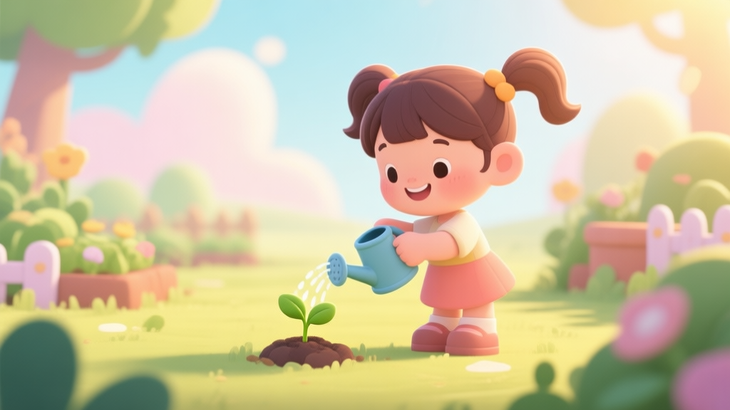 A cheerful, stylized 2D game scene of a little girl with pigtails watering a tiny seedling in a cartoon garden, soft pastel colors, warm sunlight, in the vein of a children's educational game high quality illustration, detailed, 16:9