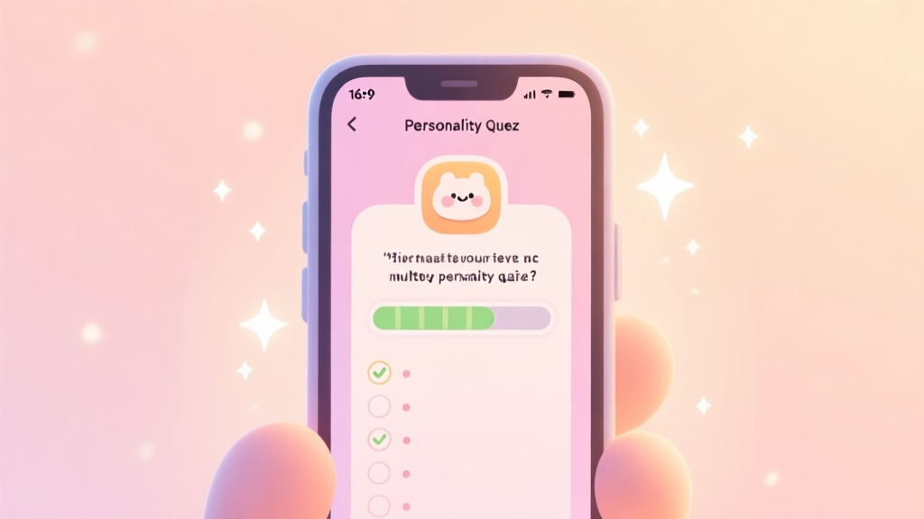 A soft, pastel-colored illustration showing a smartphone screen with a simple, charming personality quiz interface. The screen shows a cute icon, a multiple-choice question, and a progress bar, surrounded by subtle sparkles and a warm, inviting glow. high quality illustration, detailed, 16:9