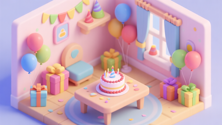 自动生成图片: A cheerful, isometric-style room scene for a child's birthday party preparation, with wrapped presents, balloons, and a half-decorated cake on a table, in a soft pastel color palette, game UI style high quality illustration, detailed, 16:9