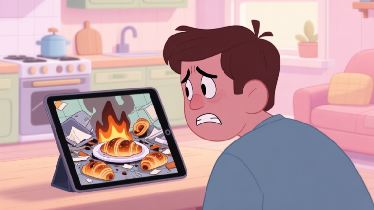 自动生成图片: A frustrated player looking at a tablet screen showing a messy virtual kitchen with burnt pastries, in a cozy room setting, soft pastel colors, cartoon style high quality illustration, detailed, 16:9