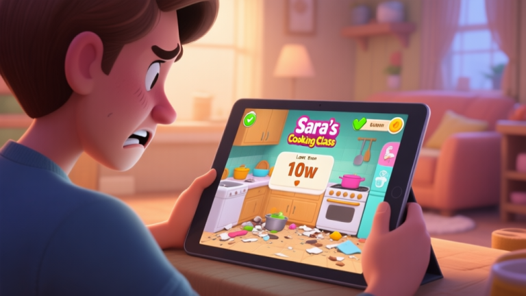 自动生成图片: A frustrated player looking at a tablet showing Sara's Cooking Class game, with a messy virtual kitchen and a low score on the screen, in a cozy room setting, soft lighting high quality illustration, detailed, 16:9
