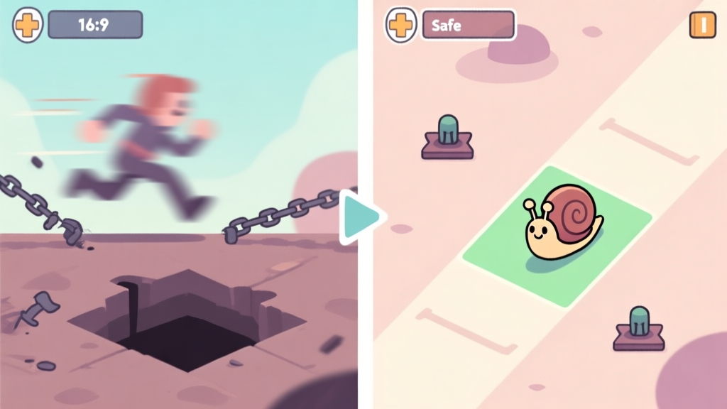 A side-by-side comparison in a minimalist puzzle game art style. Left side shows a fast, blurry character rushing past traps and falling into a pit. Right side shows a slow, deliberate snail character (Bob) carefully navigating around the same traps, with a clear safe path highlighted. Soft pastel color palette. high quality illustration, detailed, 16:9