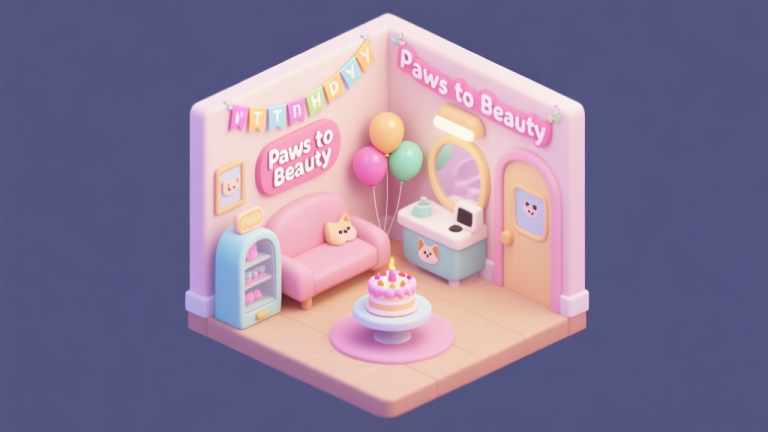 自动生成图片: A cozy, isometric game scene of a pet salon named "Paws to Beauty" decorated with birthday banners, balloons, and a small cake, in a soft pastel color palette, digital art style high quality illustration, detailed, 16:9