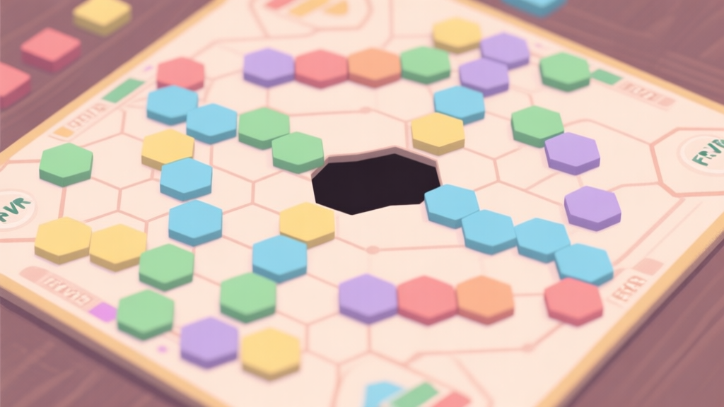 A top-down view of a Hex FRVR game board in mid-game, showing a mix of colored hexagon pieces forming partial lines, with a clear "hole" or gap in an otherwise efficient pattern, soft pastel colors, clean lines high quality illustration, detailed, 16:9