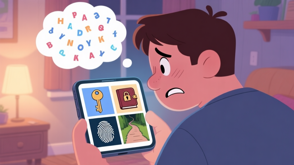 A frustrated player looking at a smartphone screen showing four seemingly unrelated pictures (a key, a locked diary, a fingerprint, a secret path), with a thought bubble filled with scattered letters, in a cozy room setting, soft lighting, cartoon illustration style high quality illustration, detailed, 16:9