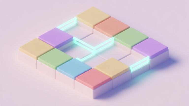 自动生成图片: A minimalist, clean game level design with multiple colored tiles on a grid, some connected by glowing, translucent lines, soft pastel color palette, isometric view high quality illustration, detailed, 16:9