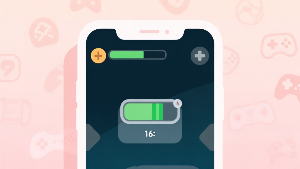 A minimalist illustration of a smartphone screen showing a game interface with a low energy bar and a pop-up notification, set against a soft pastel background with subtle gaming icons fading into the background high quality illustration, detailed, 16:9