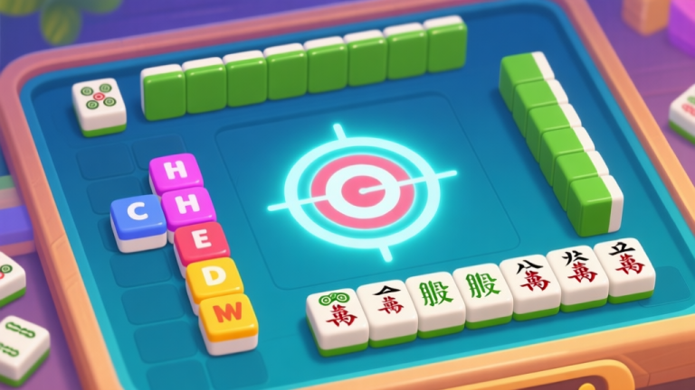 自动生成图片: A vibrant digital game screenshot showing a hybrid of Mahjong tile layout and a word puzzle panel, with colorful lettered tiles and a glowing target word, in a clean and modern game UI style high quality illustration, detailed, 16:9