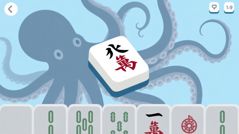 自动生成图片: A clean, minimalist game interface showing Mahjong tiles with subtle octopus tentacle patterns overlayed in the background, soft blue and grey color scheme, flat design style high quality illustration, detailed, 16:9