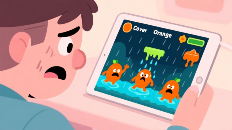 自动生成图片: A frustrated player looking at a tablet showing a difficult Cover Orange Space level, with orange characters in danger from acid rain, in a soft pastel cartoon style high quality illustration, detailed, 16:9